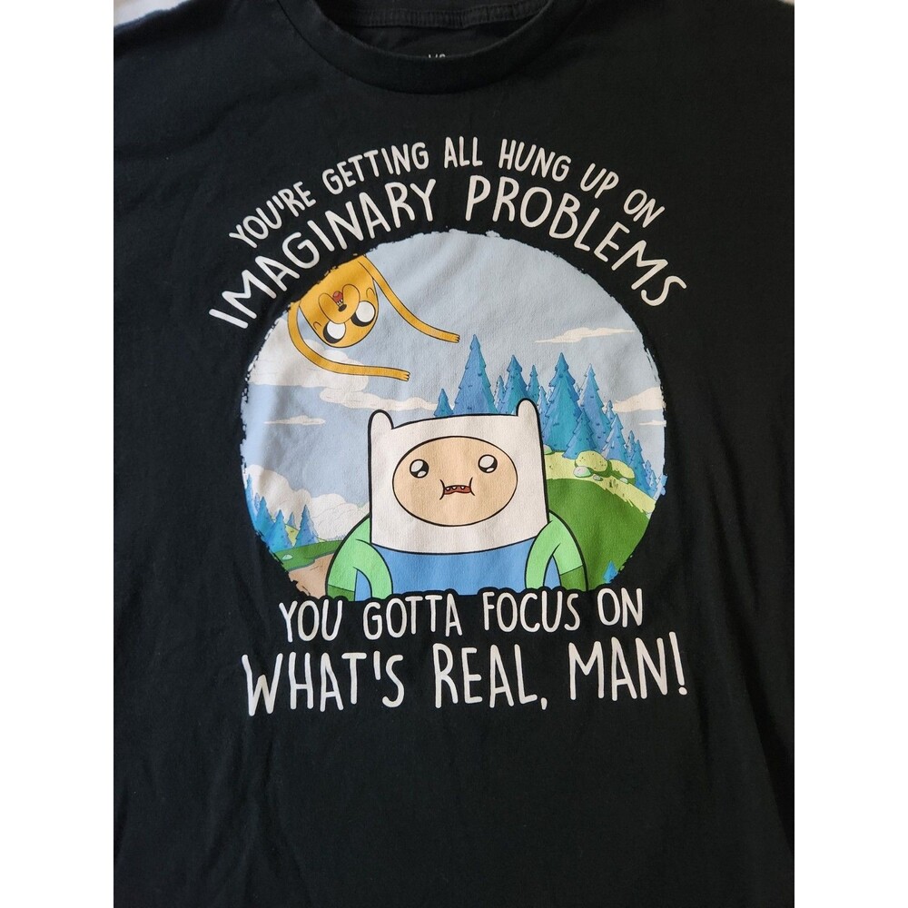 Mad Engine Adventure Time Finn Jake Black Graphic T-Shirt Mens L/G Crew Neck